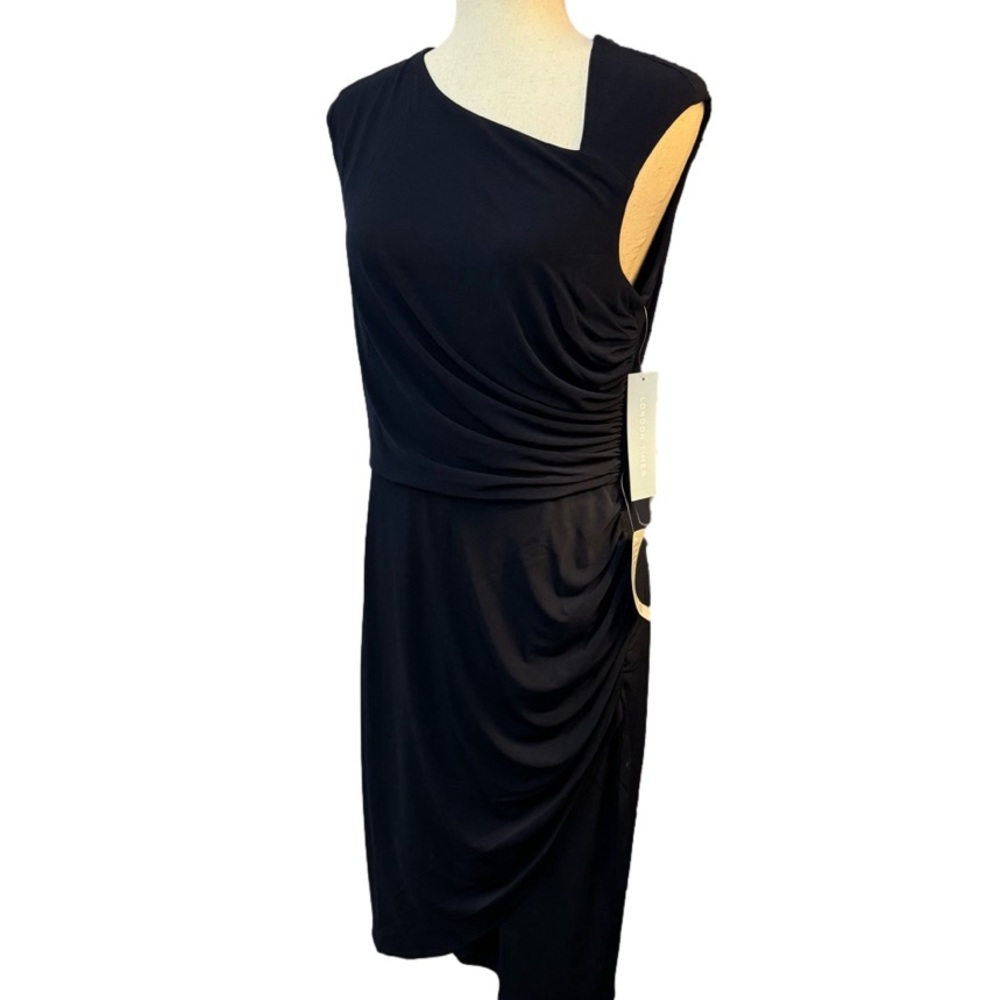 NWT London Times Asymetric Neck Shirred Sheath Dress Navy Blue, Size 10 - Picture 3 of 6